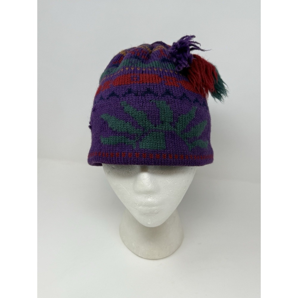 Vintage Merkley Headgear - Made In Canada - 100% Wool Beanie‎ Hat Purple Teal